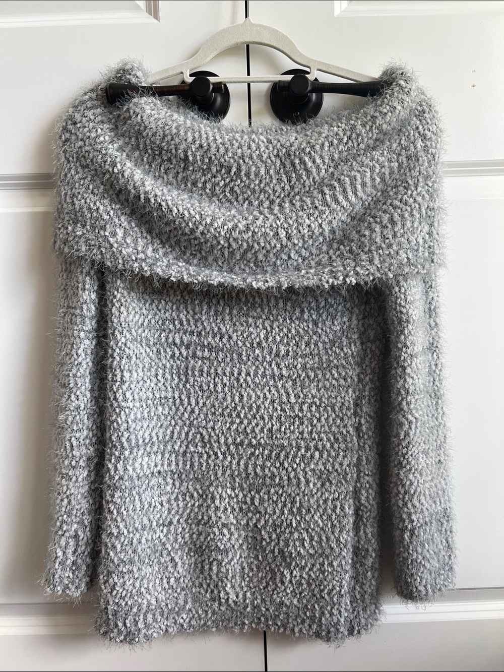 LC Lauren Conrad Fuzzy Off-Shoulder Sweater in Light Gray
